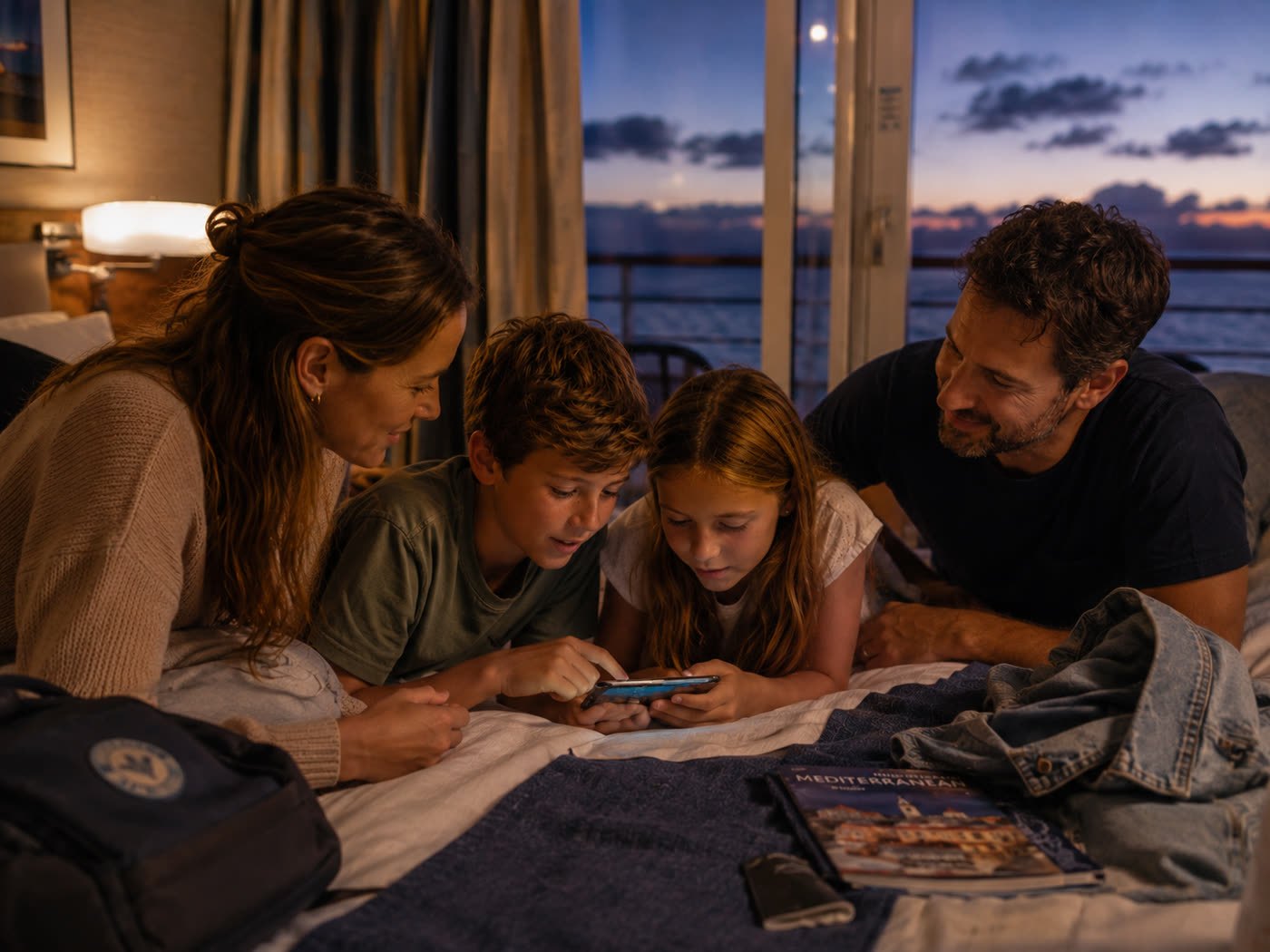 Familie liegt abends gemeinsam auf dem Bett der Kreuzfahrtkabine und schaut zusammen auf ein Smartphone.