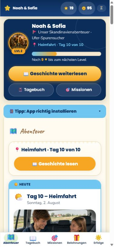 Kinder-Dashboard von cully.it mit Reisefortschritt, Geschichte, Tagebuch und Missionen.