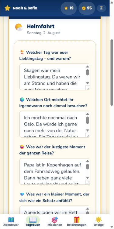 cully.it-Tagebuch mit kindgerechten Fragen und Antworten zu einer Familienreise.