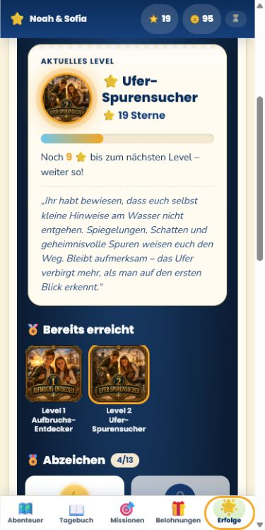 Erfolge-Ansicht von cully.it mit aktuellem Level, Sternen und freigeschalteten Abzeichen.